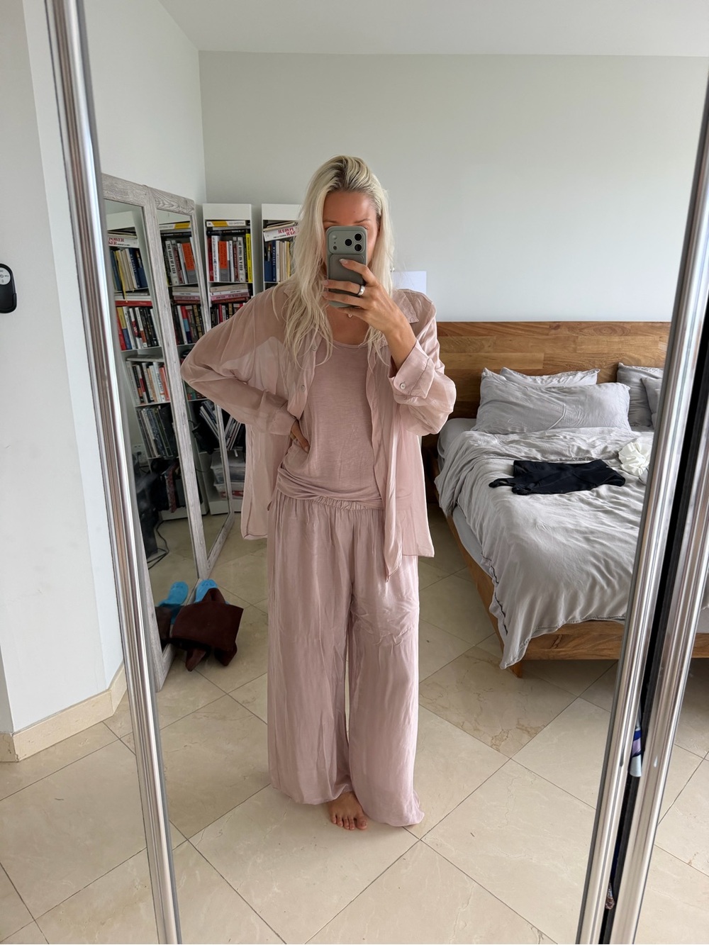 100% silk wide leg pant set Sheer Pink Pants and Button-Front Blouse with Tank
